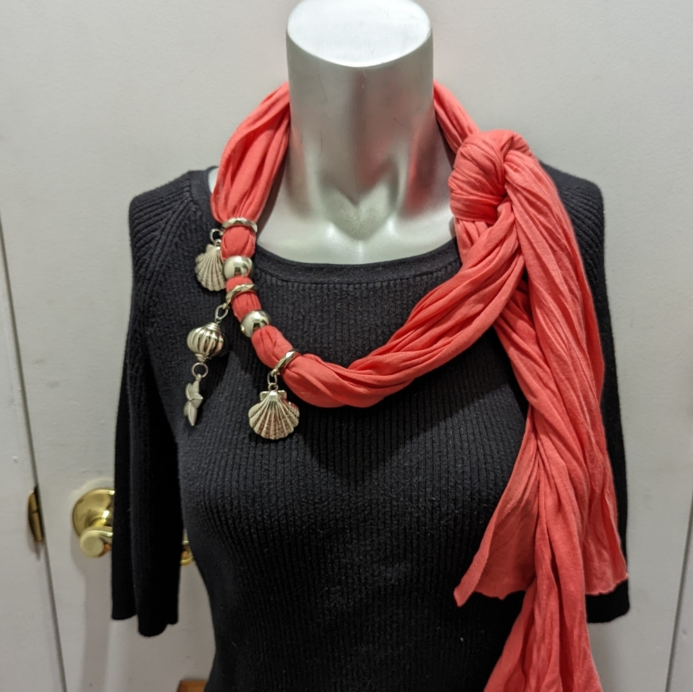 Coral Peach color scarf with silver tone Beach shell charms